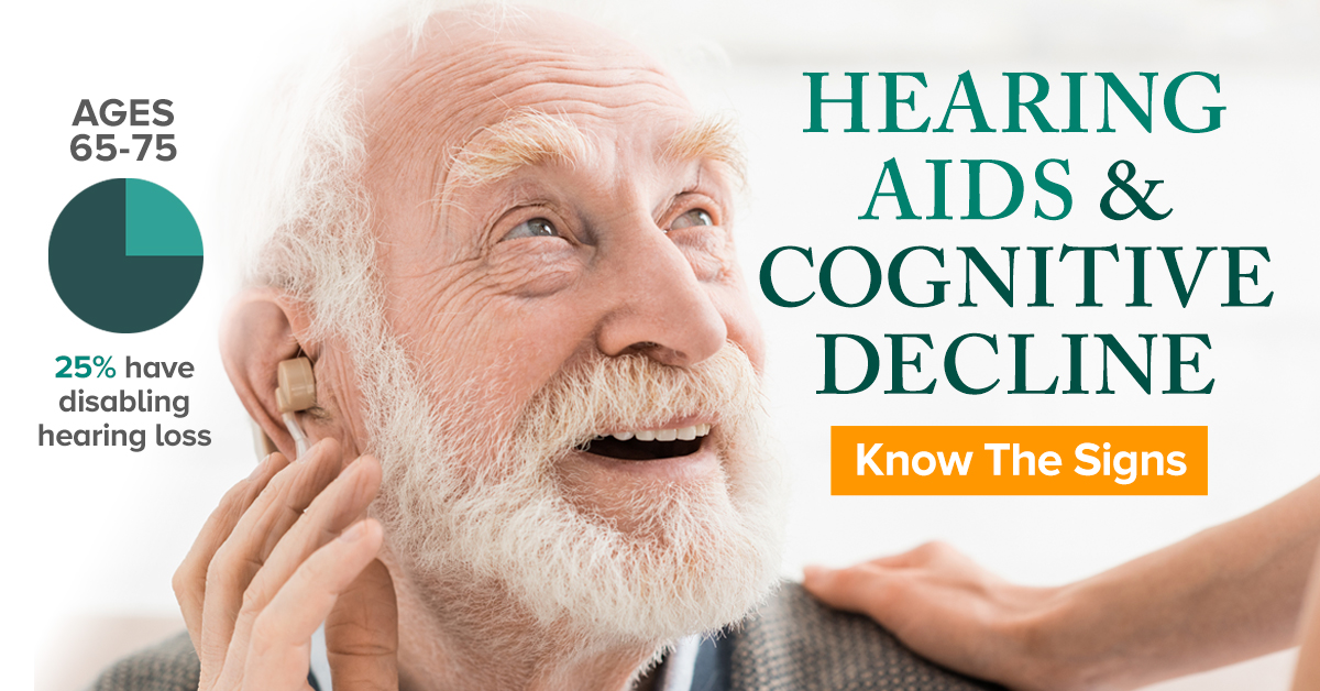 Hearing Aids and Cognitive Decline. Image of elderly man with beard holding hand up to ear with a hearing aid.
