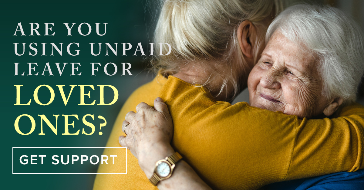 A middle aged white, woman, hugging an elder white, women, mother and daughter, Are you using paid leave to care for an aging loved one.