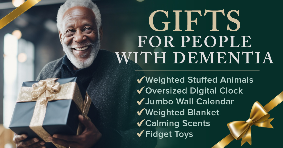 Gifts for People with Dementia. Older, African American with gift and holiday decorations in background