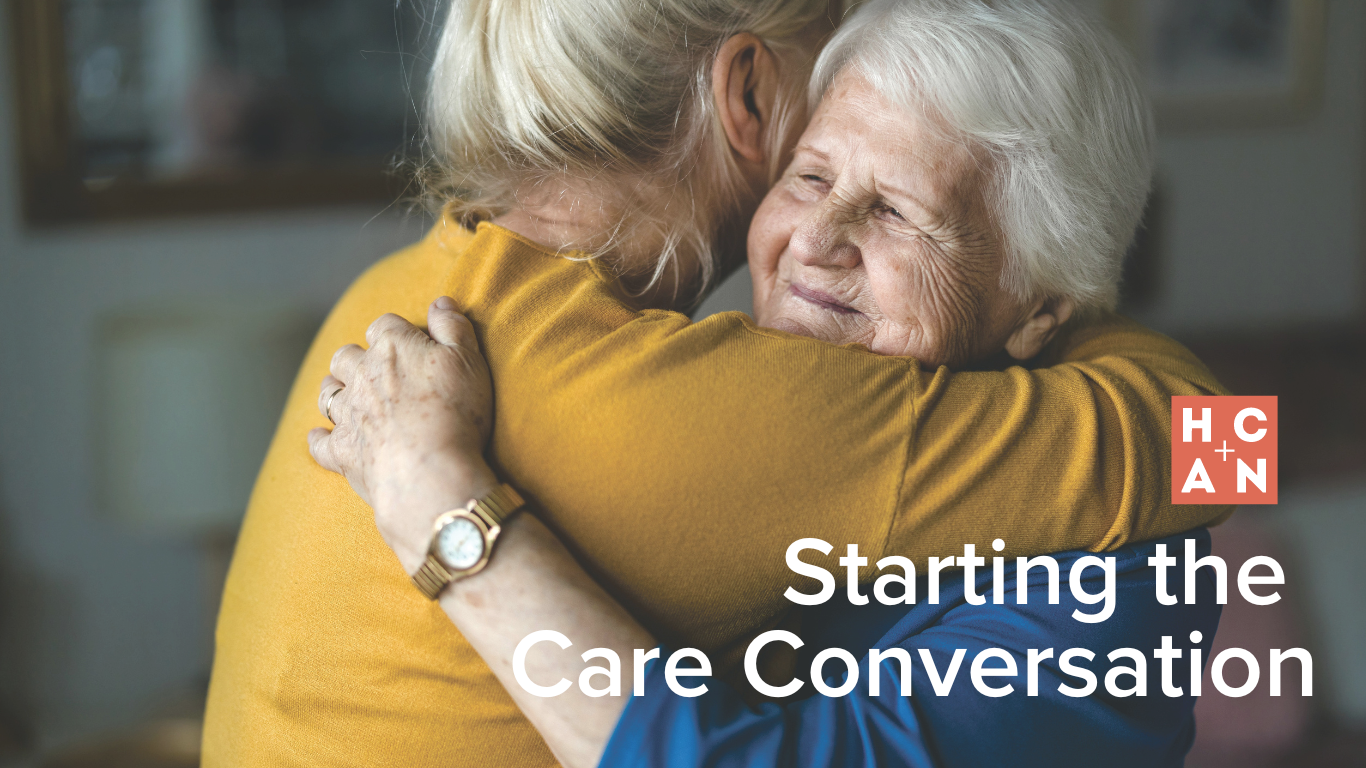 Image of daugher and mother hugging: "Family members discussing in-home care options for elderly parents"