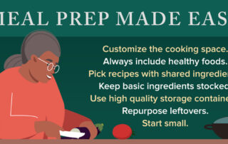 Illustration of a person preparing food with tips for easy meal prep.